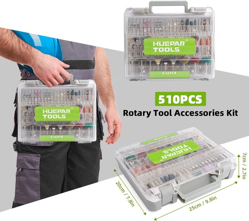 Huepar Tools 510-Piece Rotary Tool Accessories Kit, 1/8 inch (3.2mm) Diameter Shanks, Universal Accessories Bits for Easy Cutting, Sanding, Grinding, Carving, Polishing, Drilling and Engraving - Image 4
